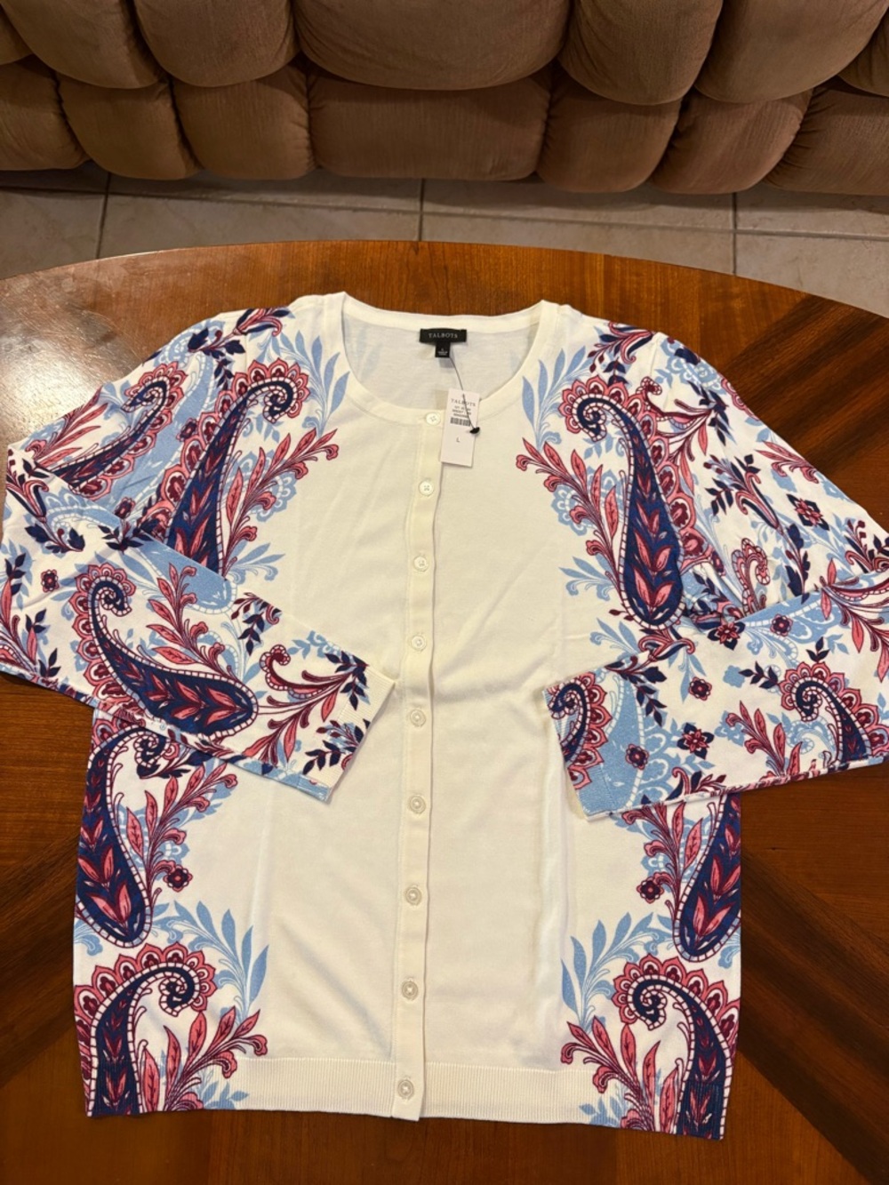 Talbots Women’s Cream Cardigan with Blue and Pink Paisley